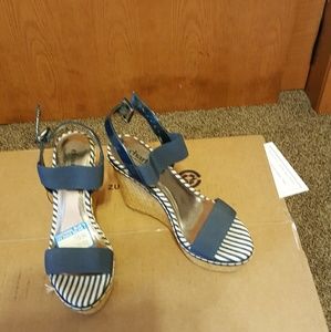 Blue wedge sandals.